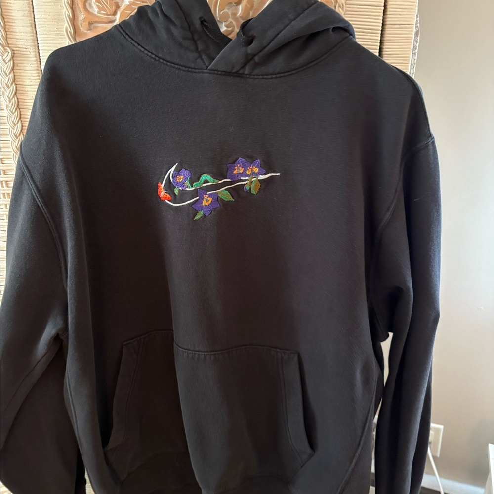 Nike Black Hoodie with Purple and Red Floral Embroidery